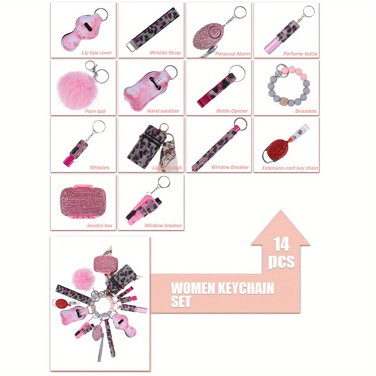 Σετ Αυτοάμυνας 14 Τεμαχίων με Στρας - Μοντέρνα Μπρελόκ για Γυναίκες με Θήκη & Pompom