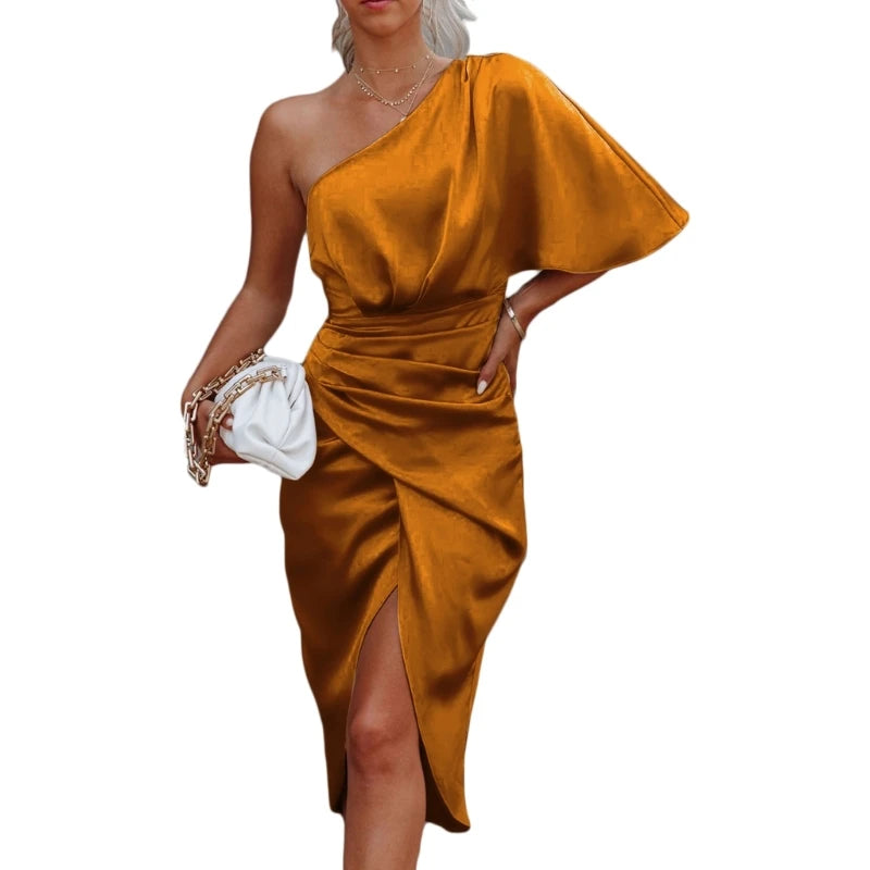 Womens Satin One Shoulder Batwing Sleeve Ruched Bodycon Midi Long Dress Asymmetrical Wrap Front Cocktail Party Dresses