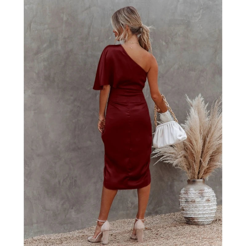 Womens Satin One Shoulder Batwing Sleeve Ruched Bodycon Midi Long Dress Asymmetrical Wrap Front Cocktail Party Dresses