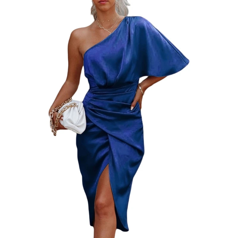 Womens Satin One Shoulder Batwing Sleeve Ruched Bodycon Midi Long Dress Asymmetrical Wrap Front Cocktail Party Dresses