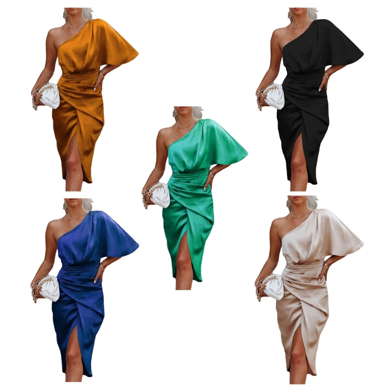 Womens Satin One Shoulder Batwing Sleeve Ruched Bodycon Midi Long Dress Asymmetrical Wrap Front Cocktail Party Dresses