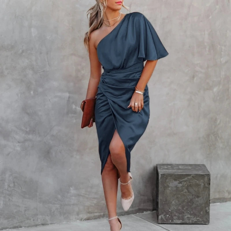Womens Satin One Shoulder Batwing Sleeve Ruched Bodycon Midi Long Dress Asymmetrical Wrap Front Cocktail Party Dresses