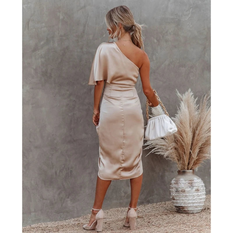 Womens Satin One Shoulder Batwing Sleeve Ruched Bodycon Midi Long Dress Asymmetrical Wrap Front Cocktail Party Dresses