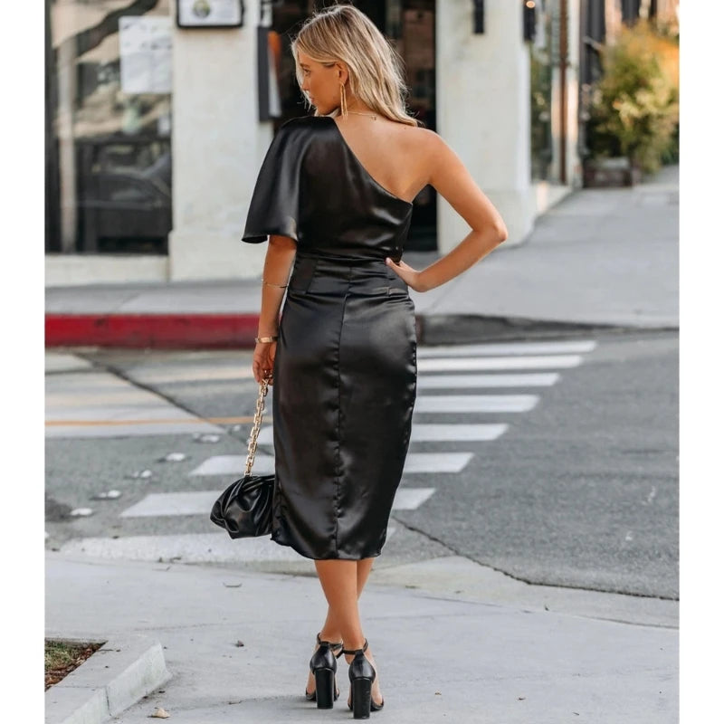 Womens Satin One Shoulder Batwing Sleeve Ruched Bodycon Midi Long Dress Asymmetrical Wrap Front Cocktail Party Dresses