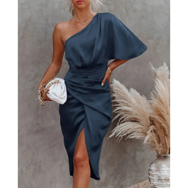 Womens Satin One Shoulder Batwing Sleeve Ruched Bodycon Midi Long Dress Asymmetrical Wrap Front Cocktail Party Dresses