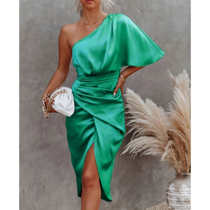 Womens Satin One Shoulder Batwing Sleeve Ruched Bodycon Midi Long Dress Asymmetrical Wrap Front Cocktail Party Dresses