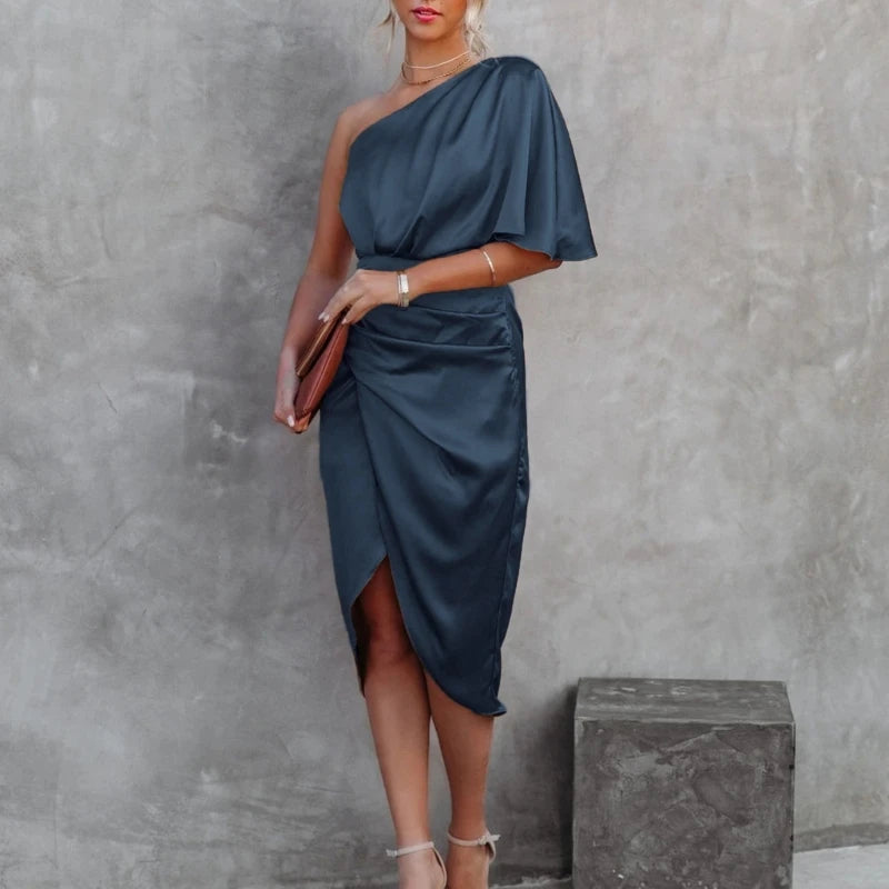Womens Satin One Shoulder Batwing Sleeve Ruched Bodycon Midi Long Dress Asymmetrical Wrap Front Cocktail Party Dresses