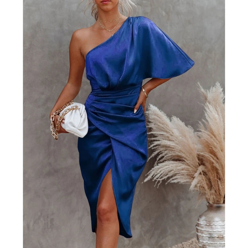 Womens Satin One Shoulder Batwing Sleeve Ruched Bodycon Midi Long Dress Asymmetrical Wrap Front Cocktail Party Dresses