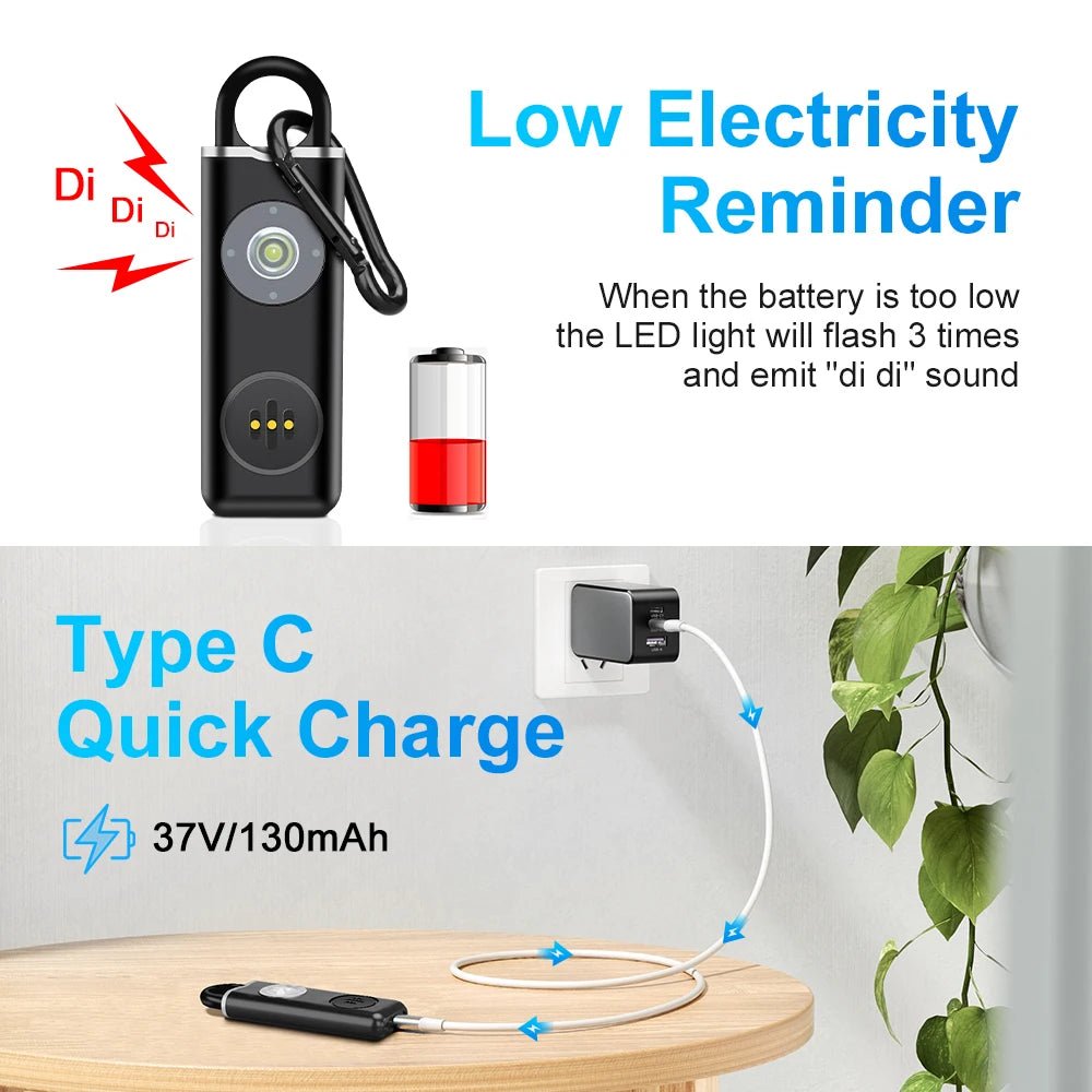 Συναγερμός Αυτοάμυνας 130dB - Επαναφορτιζόμενο Μπρελόκ Ασφαλείας με LED για Γυναίκες, Παιδιά, Ηλικιωμένους