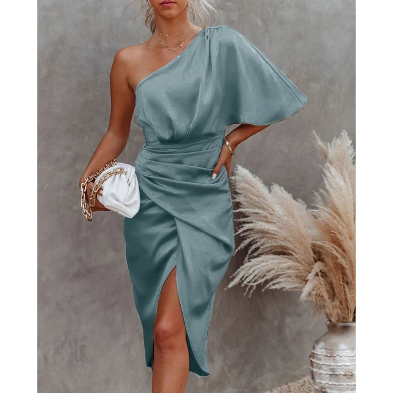 Womens Satin One Shoulder Batwing Sleeve Ruched Bodycon Midi Long Dress Asymmetrical Wrap Front Cocktail Party Dresses