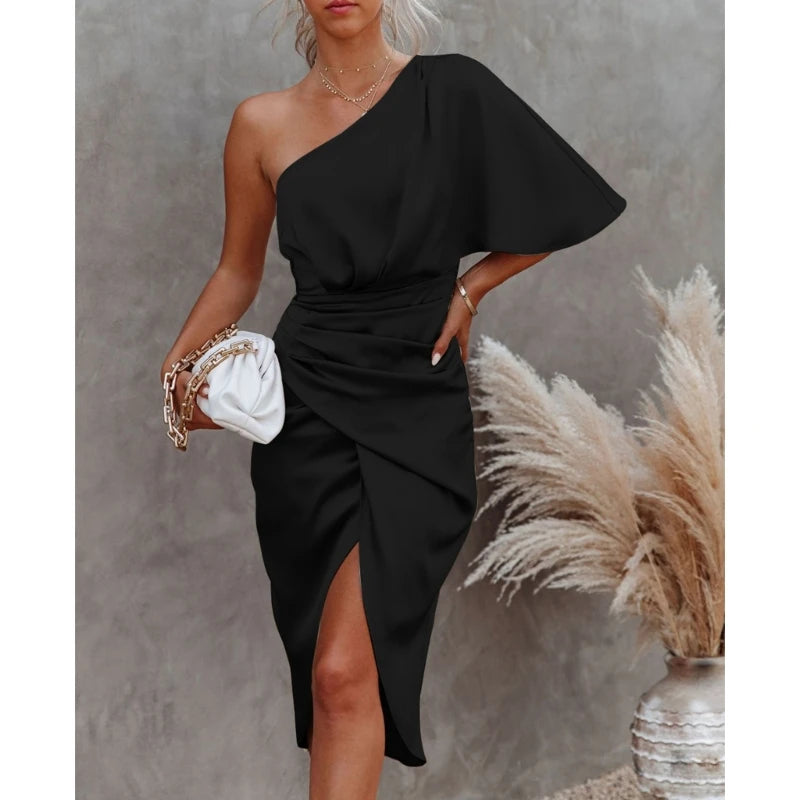 Womens Satin One Shoulder Batwing Sleeve Ruched Bodycon Midi Long Dress Asymmetrical Wrap Front Cocktail Party Dresses
