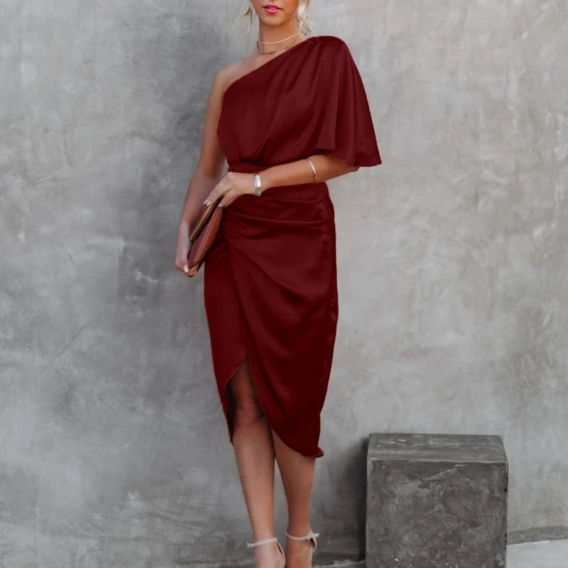 Womens Satin One Shoulder Batwing Sleeve Ruched Bodycon Midi Long Dress Asymmetrical Wrap Front Cocktail Party Dresses