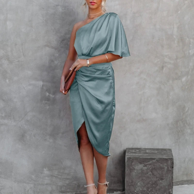 Womens Satin One Shoulder Batwing Sleeve Ruched Bodycon Midi Long Dress Asymmetrical Wrap Front Cocktail Party Dresses